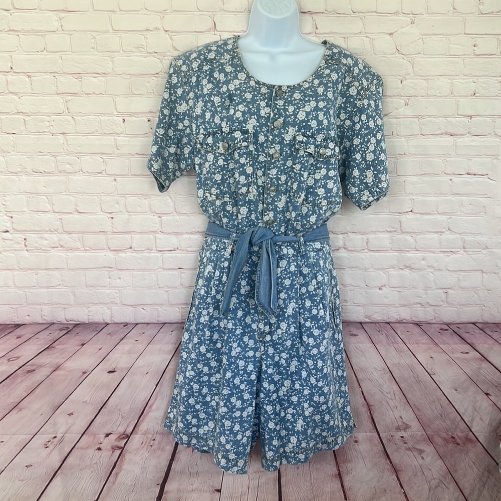 90’s Vintage Gloria Vanderbilt  SIGNATURE LABEL denim floral romper SZ medium